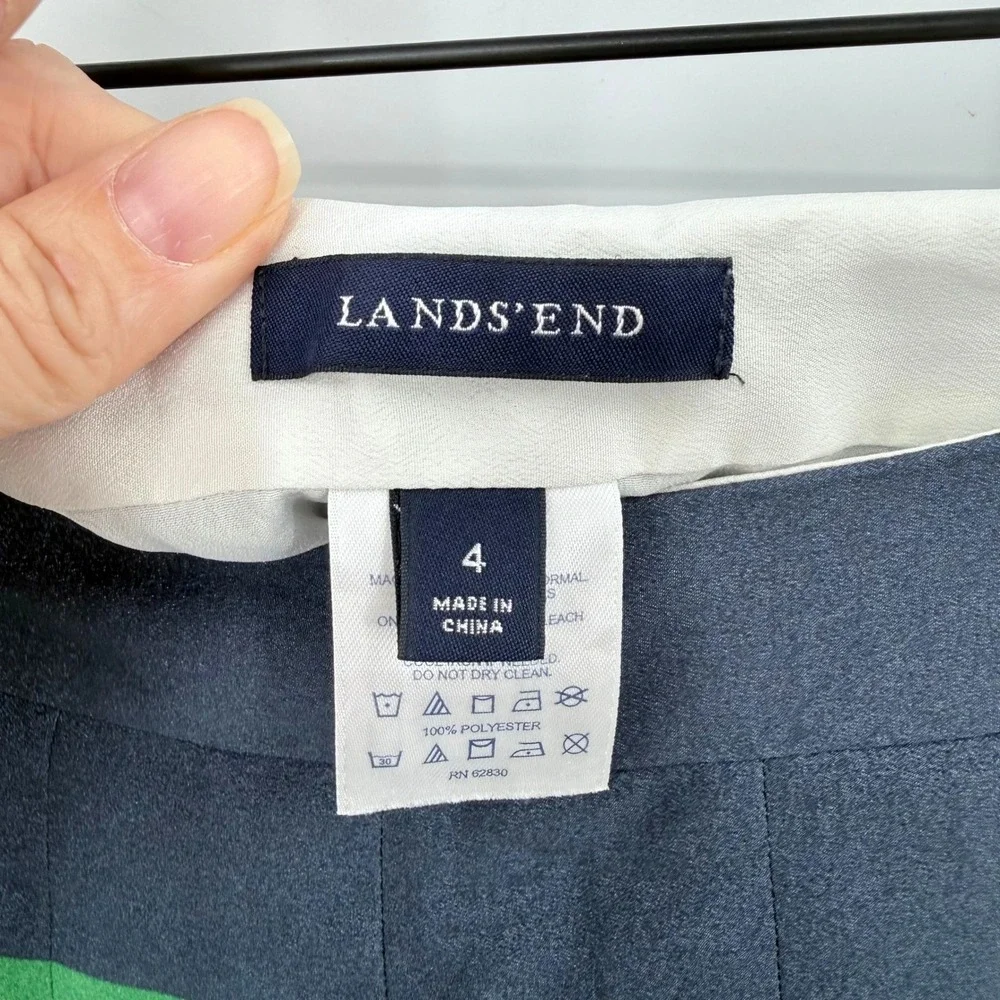 Lands End Pleated Midi Skirt Navy Blue Green White Striped Size 4 Preppy A-Line